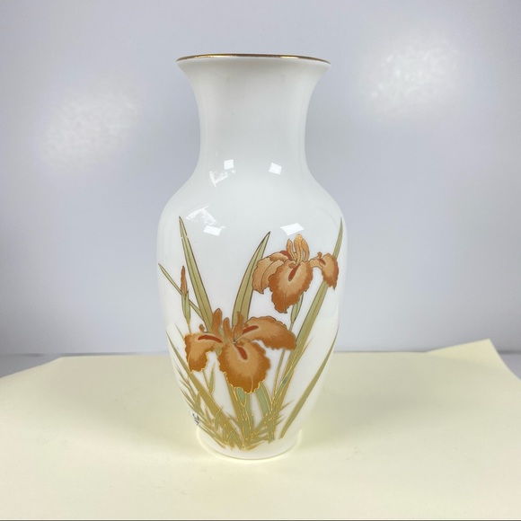 Vintage Flower Vase Iris Gold White Orange Fine China Japan MCM Decor Boho